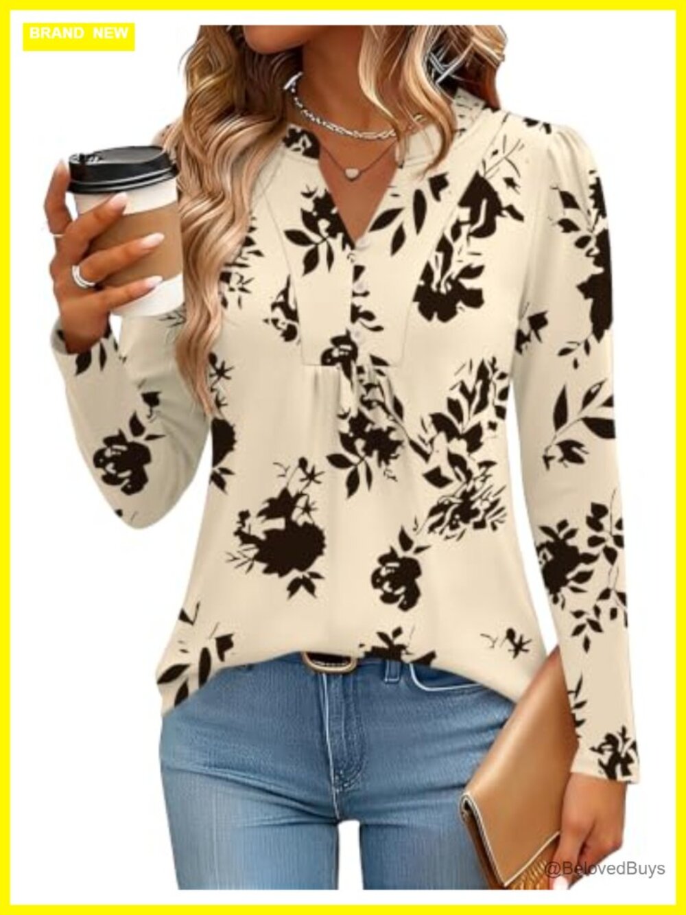 IECCP Women's Long Sleeve Henley V-Neck Pleated Tunic Blouse